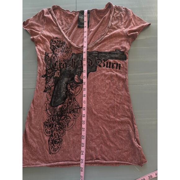 Crash and Burn Deep Vneck Embellished Gun Y2k Womens Size Small - Picture 4 of 5